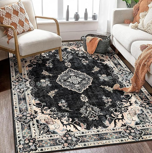 MUJOO Boho Rug 4'x6.5',Black Area Rugs for Bedroom Living Room Dining Room,Machine Washable Non Slip Carpet Vintage Bohemian Distressed Farmhouse,Floral