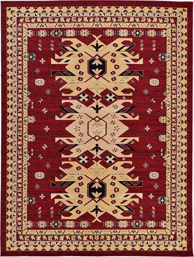 Unique Loom Taftan Collection Border Geometric Tribal Inspired Design Area Rug (9' 10 x 13' 0 Rectangular, Red/ Gold)