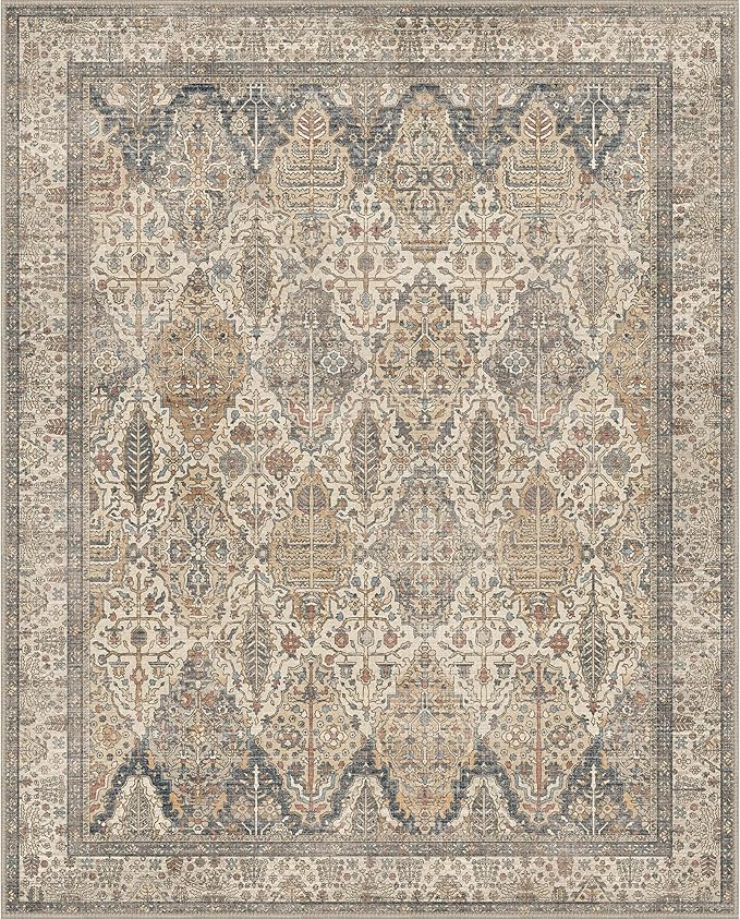 GENIMO 8x10 Area Rugs for Living Room, Machine Washable Non Slip Vintage Rugs, Low Pile Lightweight Chenille Print Rug for Bedroom, Dining Room, Home Office, Beige Khaki