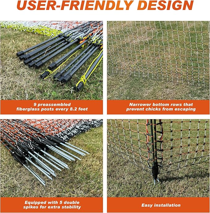 Poultry Electric Netting Fence - 47.3''H (can be Manually Raised to 59.1''H) x 65.6'L for Flying Chicken, Sheep, Goats in Farms, Ranches and Gardens, PK2