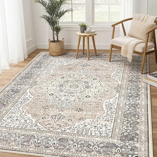 Washable Rug 5x7 Area Rugs for Living Room Bedroom Dining Room Home Office Floor Decor -Stain & Fade Resistant Non Slip Backing Carpet,Ultra-Thin Vintage Large Carpets (Camel/Beige,5'x7')