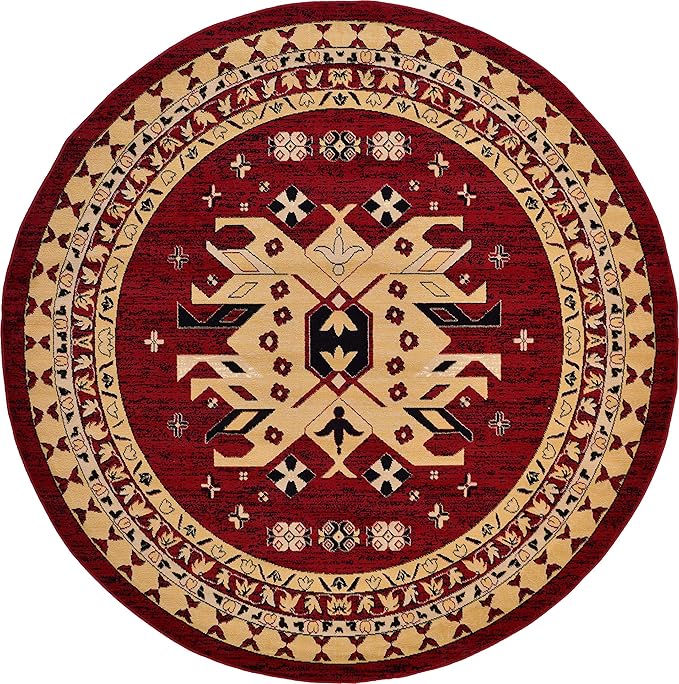 Unique Loom Taftan Collection Border Geometric Tribal Inspired Design Area Rug (8' 0 x 8' 0 Round, Red/ Gold)