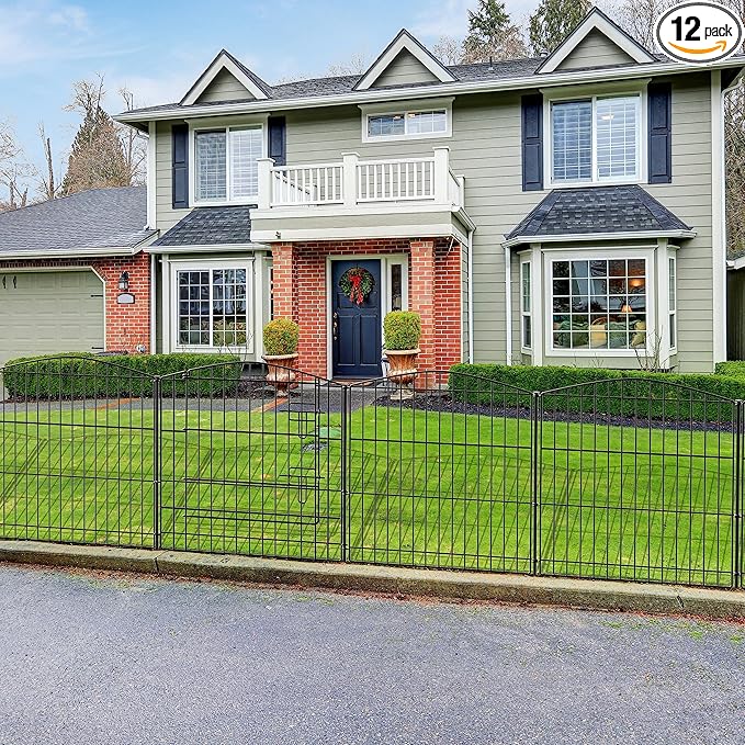 INJOPEXI Garden Fence 12 Panels 23.6ft (L)×24in (H) Decorative Garden Fences with 11 Fence Panels + 1 Gate Rustproof Wire No Dig Garden Fence Animal Barrier Fencing for Outdoor Backyard Patio - Black