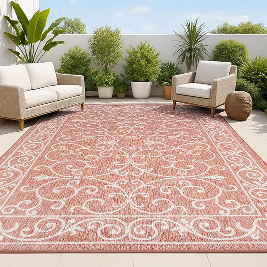 JONATHAN Y Vintage Filigree Indoor Outdoor Area Rug 5X8 Red/Beige, Charleston Textured Weave for Backyard, Patio, Porch, Easy-Cleaning, High Traffic, Pet-Friendly, Non-Shedding (SMB106B-5)