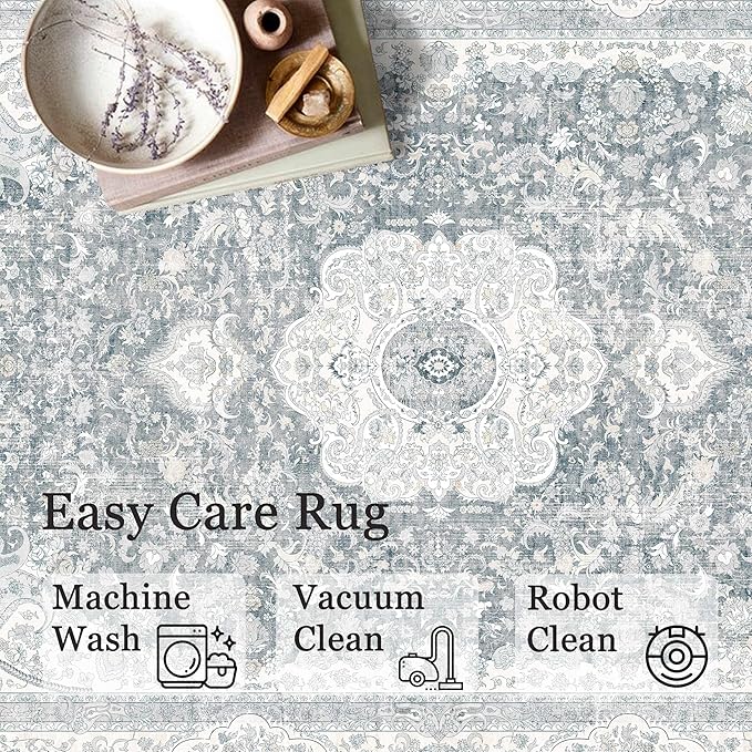8x10 Area Rugs Washable,Grey Rug for Living Room Bedroom Dining Room,Large Boho Vintage Bohemian Distressed Carpet Non Slip,Floral