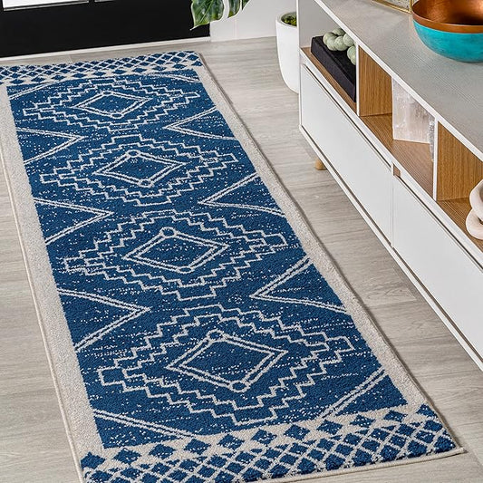 JONATHAN Y Amir Moroccan Beni Souk Navy/Ivory Runner Rug, 2x8, Bohemian, Scandinavian, Easy-Cleaning for Living Room, Bedroom, Kitchen, Pet Friendly, Non-Shedding (MOH200D-28)