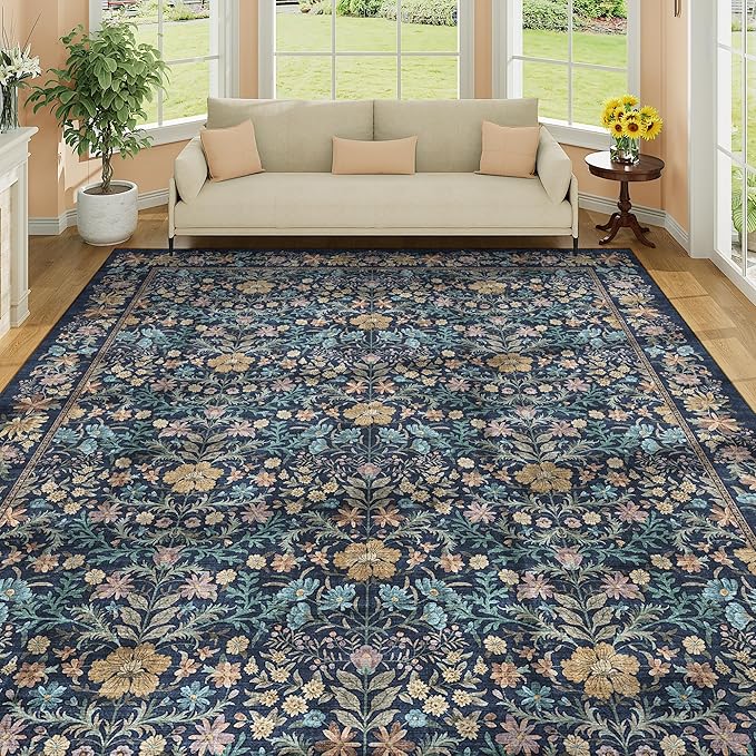 DUKINO 8x10 Area Rugs for Living Room, Vintage Floral Washable Rug with Non Slip Backing, Soft Low Pile & Non-Shedding Large Carpets for Bedroom, Farmhouse, Dining Room, Home Office, Dark Blue