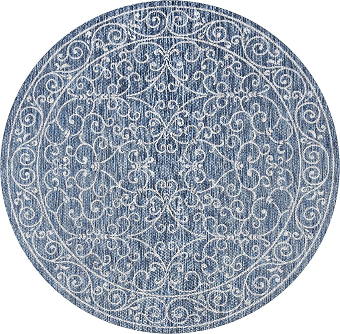 JONATHAN Y Vintage Filigree Indoor Outdoor Round Area Rug 9 Ft Navy/Gray, Charleston Textured Weave for Backyard, Patio, Porch, Easy-Cleaning, High Traffic, Pet-Friendly, Non-Shedding (SMB106D-9R)