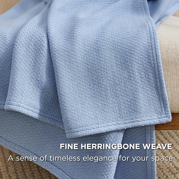 Bedsure GentleSoft 100% Cotton Large Blanket Oversized King for Bed 120x94 inches - Breathable Soft Cozy Herringbone Woven Blanket for Summer, Couch Cover, Ashley Blue