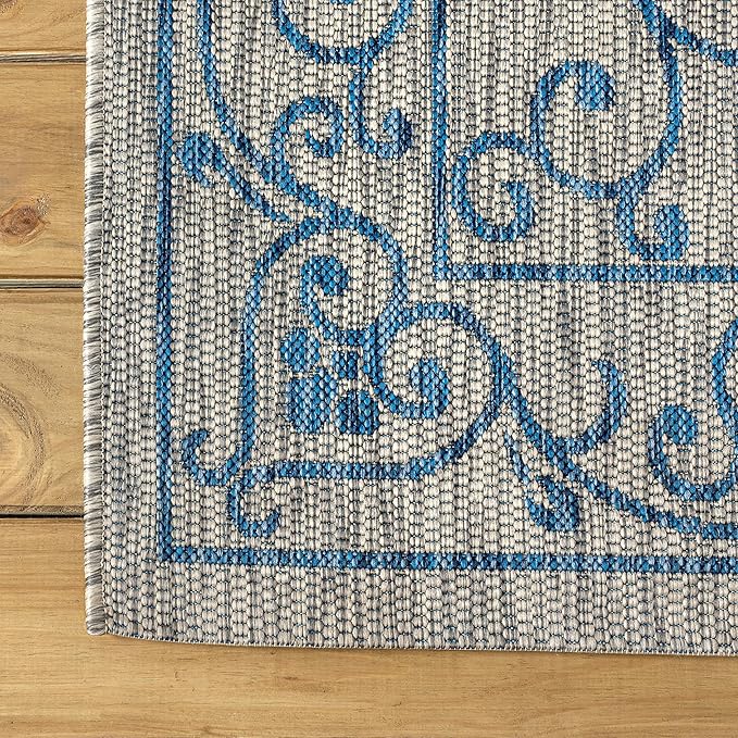 JONATHAN Y Vintage Filigree Indoor Outdoor Round Area Rug 9 Ft Gray/Navy, Charleston Textured Weave for Backyard, Patio, Porch, Easy-Cleaning, High Traffic, Pet-Friendly, Non-Shedding (SMB106C-9R)