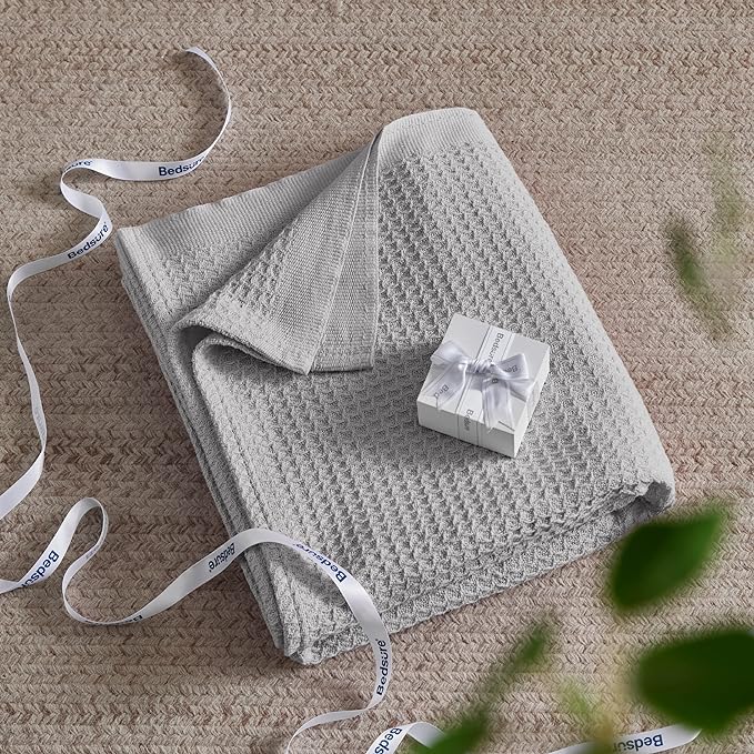 Bedsure Gentlesoft 100% Cotton Blanket Queen Size for Bed - Breathable and Soft, Thick Cozy Waffle Weave Christmas Blanket Gift for Women, Grey, 90x90 Inches