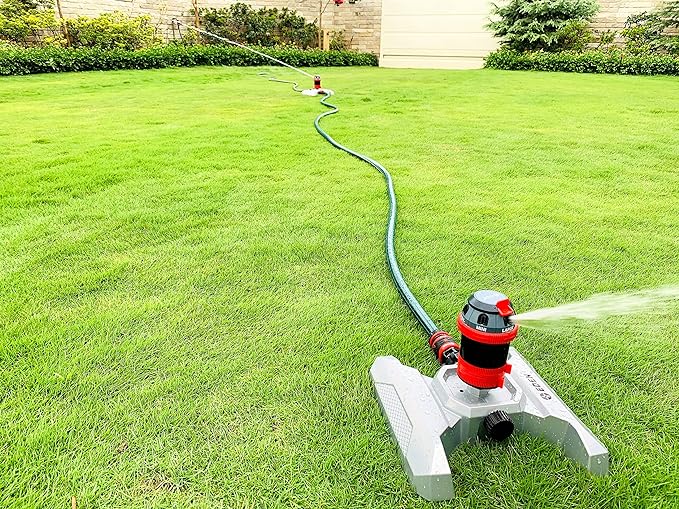 Eden 96122 Metal Adjustable 6-Pattern Mobile Rotary Gear Drive Garden Sprinkler for Yard W/Quick Connect Starter Set, Waters up to 80 ft. in Diameter