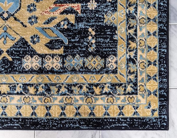 Unique Loom Taftan Collection Border Geometric Tribal Inspired Design Area Rug (9' 10 x 13' 0 Rectangular, Navy Blue/ Gold)
