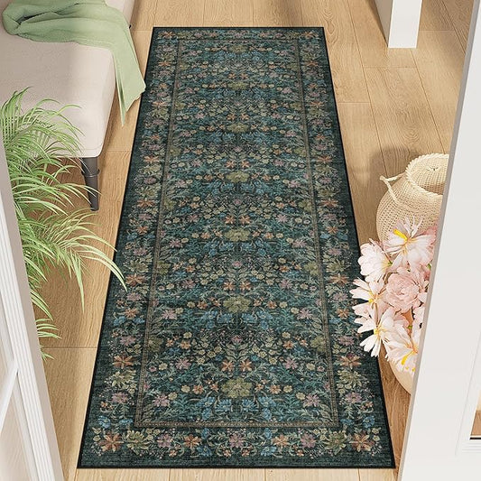 DUKINO 2x6 Runner Rug for Hallway, Washable Vintage Floral Kitchen Rug with Non Slip Backing, Soft Low Pile Throw Carpet Runner for Kitchen, Laundry, Hallway, Bathroom, Blue