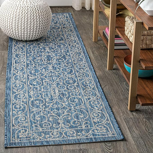 JONATHAN Y Vintage Filigree Indoor Outdoor Runner Rug 2X8 Navy/Gray, Charleston Textured Weave for Backyard, Patio, Porch, Easy-Cleaning, High Traffic, Pet-Friendly, Non-Shedding (SMB106D-28)