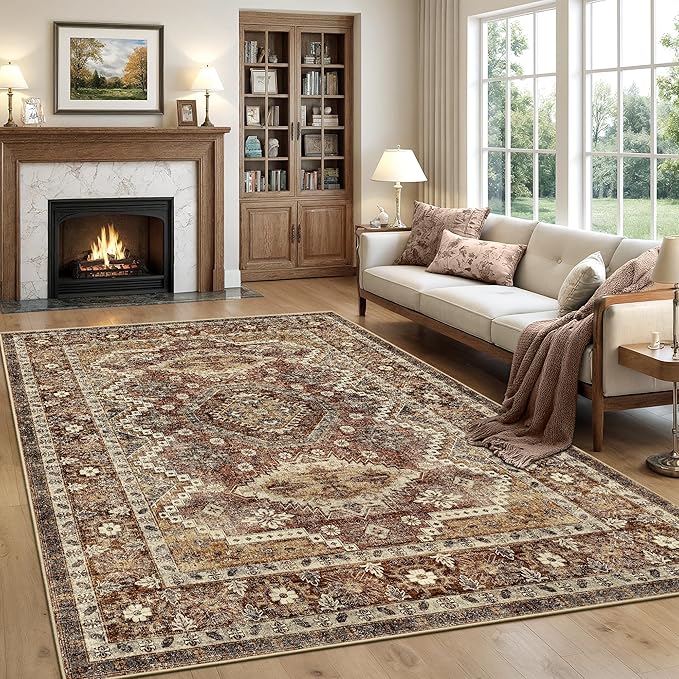 Rugland 8x10 Area Rugs - Stain Resistant Washable Rug, Anti Slip Backing Rugs for Living Room, Vintage Tribal Area Rugs (TPR07-Rust, 8'x10')