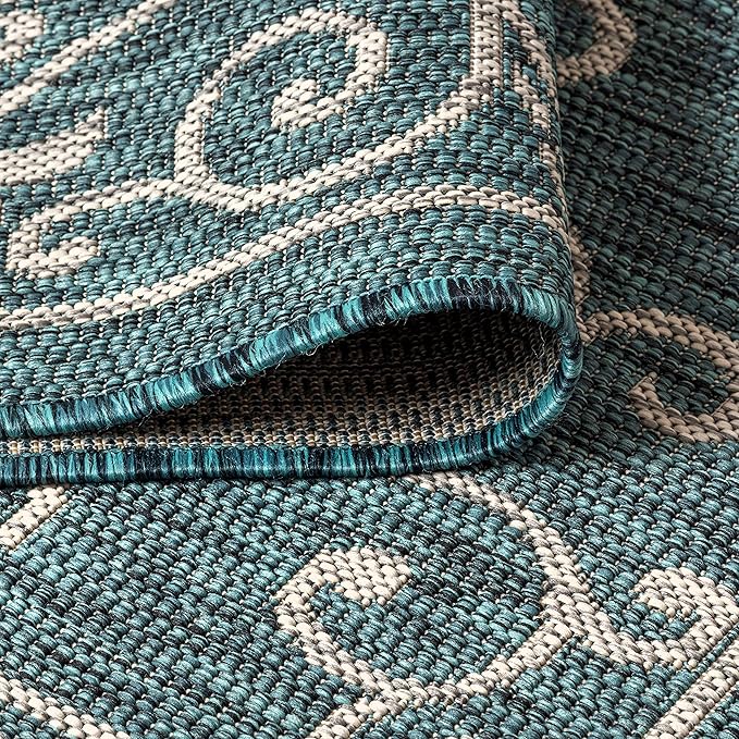 JONATHAN Y Vintage Filigree Indoor Outdoor Round Area Rug 5 Ft Teal/Gray, Charleston Textured Weave for Backyard, Patio, Porch, Easy-Cleaning, High Traffic, Pet-Friendly, Non-Shedding (SMB106F-5R)