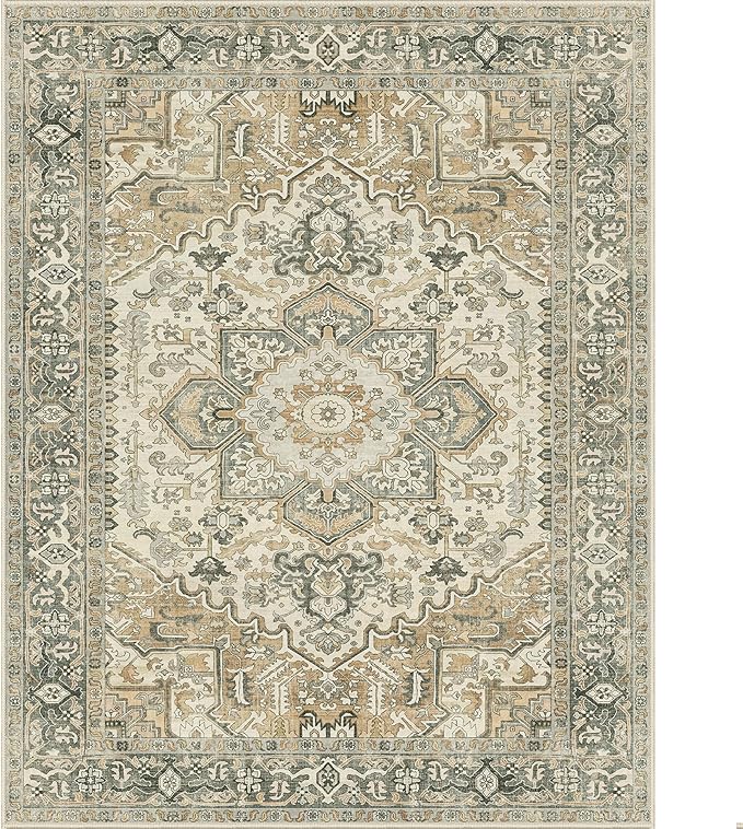 GENIMO Machine Washable 9x12 Area Rugs for Living Room, Non Slip Vintage Rugs, Low Pile Lightweight Chenille Print Rug for Bedroom, Dining Room, Home Office, Earthy Brown