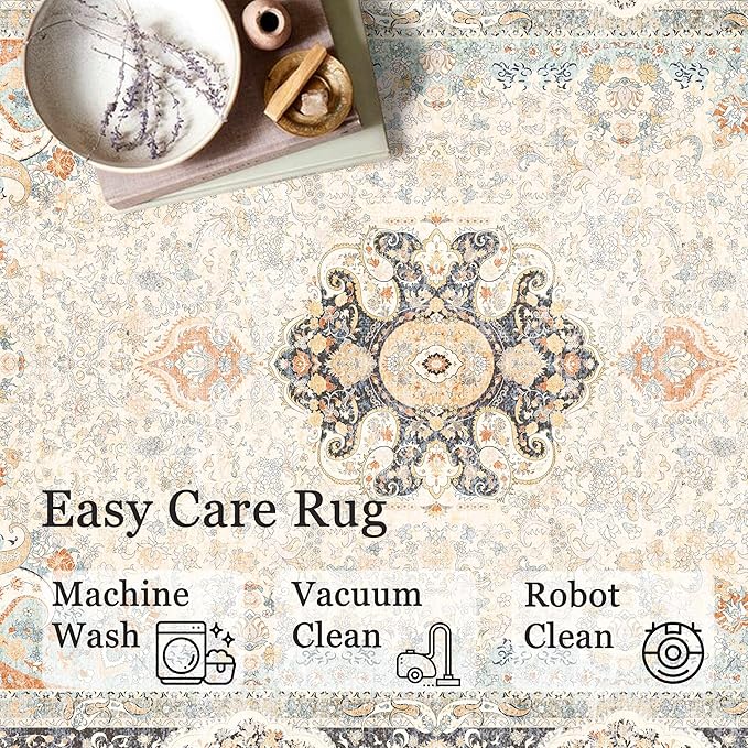 Washable Runner Rug 2x6,Vintage Rug Runners Non Slip,Long Boho Rugs for Hallways Kitchen Bedroom Entryway Living Room Bathroom,Bohemian Distressed Floor Carpet,Retro Blue Grey Floral