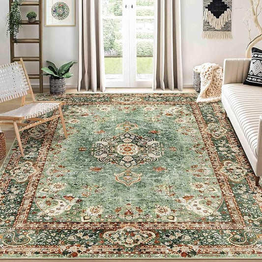 8x10 Area Rugs Washable,Green Rug for Living Room Bedroom Dining Room,Large Boho Vintage Bohemian Distressed Oriental Carpet Non Slip