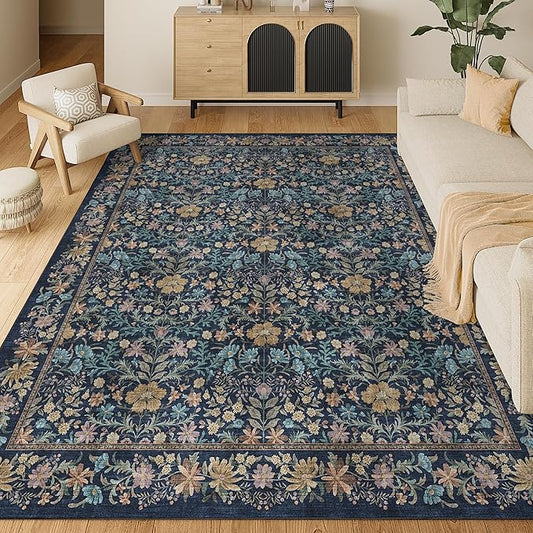 DUKINO 8x10 Area Rugs for Living Room, Vintage Floral Washable Rug with Non Slip Backing, Soft Low Pile & Non-Shedding Large Carpets for Bedroom, Farmhouse, Dining Room, Home Office, Dark Blue