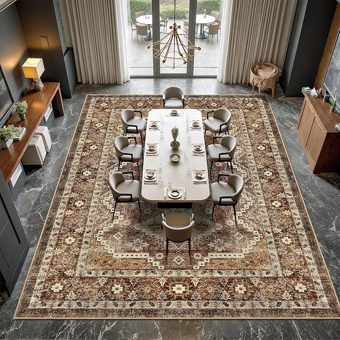 Rugland 8x10 Area Rugs - Stain Resistant Washable Rug, Anti Slip Backing Rugs for Living Room, Vintage Tribal Area Rugs (TPR07-Rust, 8'x10')