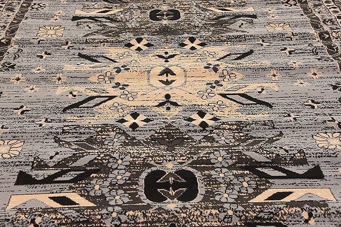 Unique Loom Taftan Collection Border Geometric Tribal Inspired Design Area Rug (7' 0 x 10' 0 Rectangular, Gray/ Black)