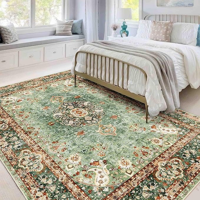 5x7 Area Rugs Washable,Green Rug for Living Room Bedroom Kitchen,Large Boho Vintage Bohemian Distressed Oriental Carpet Non Slip