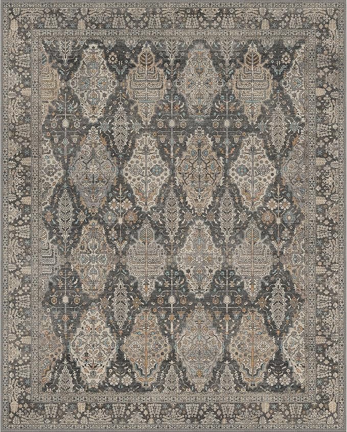 GENIMO 8x10 Area Rugs for Living Room, Machine Washable Non Slip Vintage Rugs, Low Pile Lightweight Chenille Print Rug for Bedroom, Dining Room, Home Office, Charcoal Tan