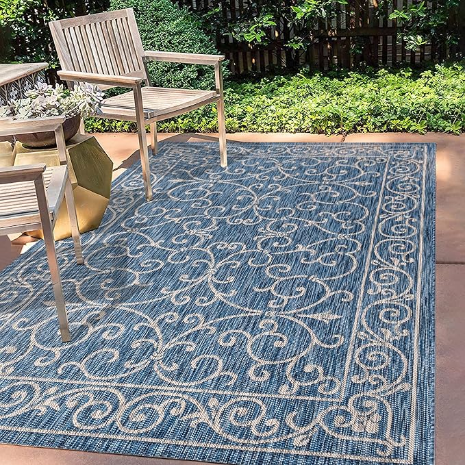 JONATHAN Y Vintage Filigree Indoor Outdoor Area Rug 5X8 Navy/Gray, Charleston Textured Weave for Backyard, Patio, Porch, Easy-Cleaning, High Traffic, Pet-Friendly, Non-Shedding (SMB106D-5)