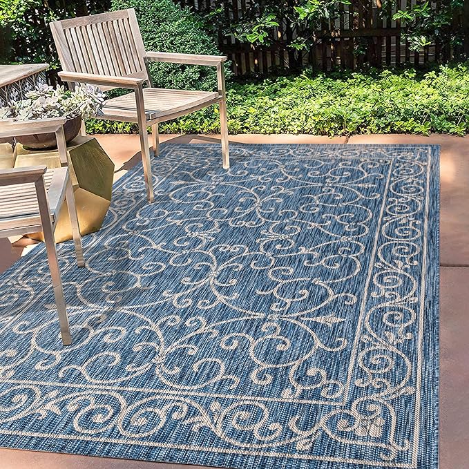 JONATHAN Y Vintage Filigree Indoor Outdoor Area Rug 4X6 Navy/Gray, Charleston Textured Weave for Backyard, Patio, Porch, Easy-Cleaning, High Traffic, Pet-Friendly, Non-Shedding (SMB106D-4)