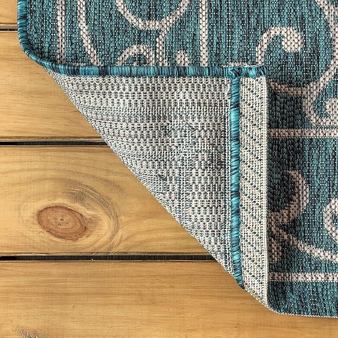 JONATHAN Y Vintage Filigree Indoor Outdoor Round Area Rug 5 Ft Teal/Gray, Charleston Textured Weave for Backyard, Patio, Porch, Easy-Cleaning, High Traffic, Pet-Friendly, Non-Shedding (SMB106F-5R)