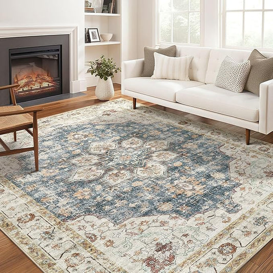 Area Rug for Living Room - 9x12 Soft Washable Oriental Vintage Floral Distressed Large Carpet - Fade Stain Resistant Non Slip Rugs for Bedroom Dining Room Nursery Dorm Office Home Decor - Blue Golden