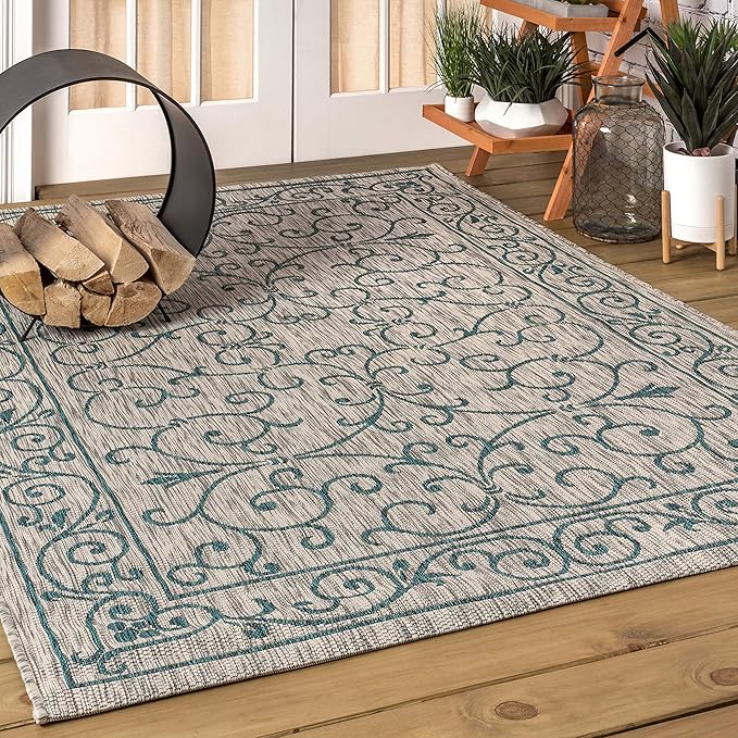 JONATHAN Y Vintage Filigree Indoor Outdoor Area Rug 3X5 Gray/Teal, Charleston Textured Weave for Backyard, Patio, Porch, Easy-Cleaning, High Traffic, Pet-Friendly, Non-Shedding (SMB106E-3)
