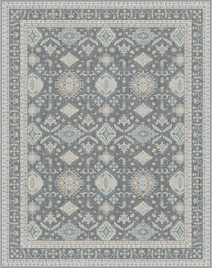 GENIMO Machine Washable 6x9 Area Rugs for Living Room, Non Slip Vintage Rugs, Low Pile Lightweight Chenille Print Rug for Bedroom, Dining Room, Home Office, Gray