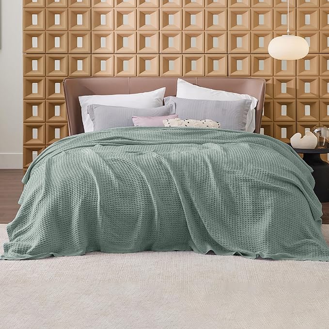 Bedsure Gentlesoft 100% Cotton Blanket Queen Size for Bed - Breathable and Soft, Thick Cozy Waffle Weave Christmas Blanket Gift for Women, Sage Green, 90x90 Inches