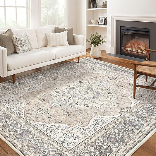 Washable Rug for Living Room - 7x9 Non-Slip Soft Vintage Floral Area Rug for Family Kids & Pet, Stain Resistant Carpet for High Traffic Bedroom Dining Room Teen Dorm Home Decor Aesthetic (Camel)