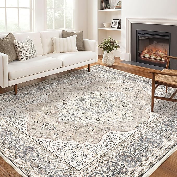 Washable Rug 6x9 Area Rugs for Living Room Bedroom Dining Room Home Office Floor Decor -Stain & Fade Resistant Non Slip Backing Carpet,Ultra-Thin Vintage Large Carpets (Camel/Beige,6'x9')