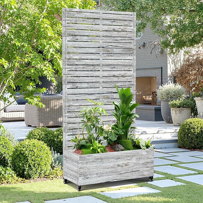 15.7"×70.9"×35.4" Metal Raised Garden Bed with Trellis and Wheels - Tall Trellis Planter Box for Climbing Plants, Vegetables & Vines - Outdoor Privacy Planters for Patio (White Oak Grain)
