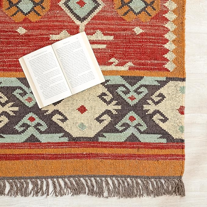 Jute Traditional Kilim Rug Boho Flatweave Area Rug for Living Room, Living Room Entryway, Tribal Series, 2'x10'
