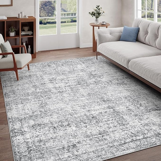Rugland 8x10 Area Rugs - Stain Resistant Washable Rug, Anti Slip Rugs for Living Room, Vintage Tribal Area Rugs(Vintage01-Distressed Grey, 8'x10')