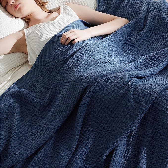 Bedsure Gentlesoft 100% Cotton Blanket King Size for Bed - Breathable and Soft, Thick Cozy Waffle Weave Christmas Blanket Gift for Women, Navy, 104x90 inches