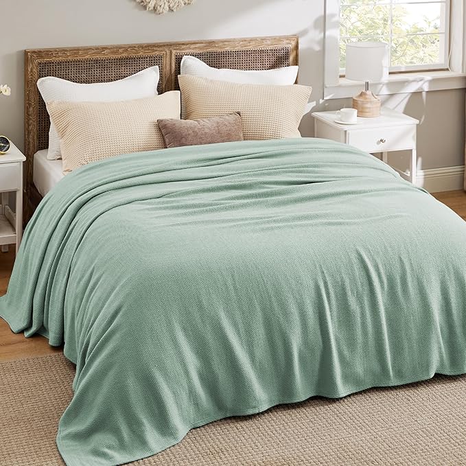 Bedsure GentleSoft 100% Cotton Blanket King Size for Bed - Breathable and Lightweight, Soft Cozy Textured Herringbone Woven Blanket for Summer, Sage Green, 108x90 inches