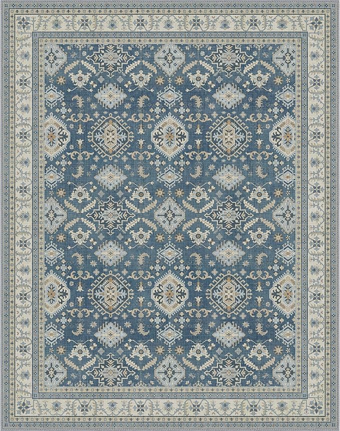 GENIMO Machine Washable 8x10 Area Rugs for Living Room, Non Slip Vintage Rugs, Low Pile Lightweight Chenille Print Rug for Bedroom, Dining Room, Home Office, Blue