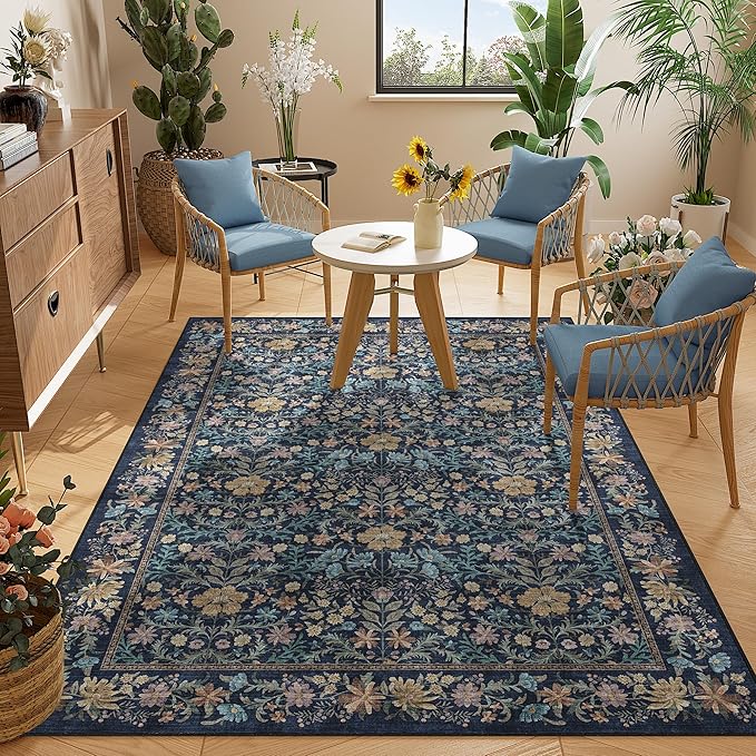 DUKINO 3x5 Area Rug, Vintage Floral Washable Rug for Bedroom with Non Slip Design, Soft Low Pile Indoor Small Carpet for Bedroom, Farmhouse, Living Room, Office, Bathroom, Dark Blue
