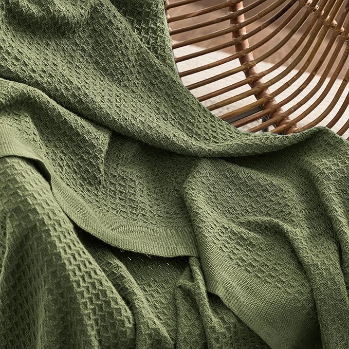 Bedsure Gentlesoft 100% Cotton Large Throw Blanket for Couch 50x70 inches - Breathable and Soft, Waffle Weave Throw Blanket for Office, Olive Green