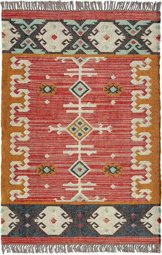 Jute Traditional Kilim Rug Boho Flatweave Area Rug for Living Room, Living Room Entryway, Tribal Series, 4'x6'