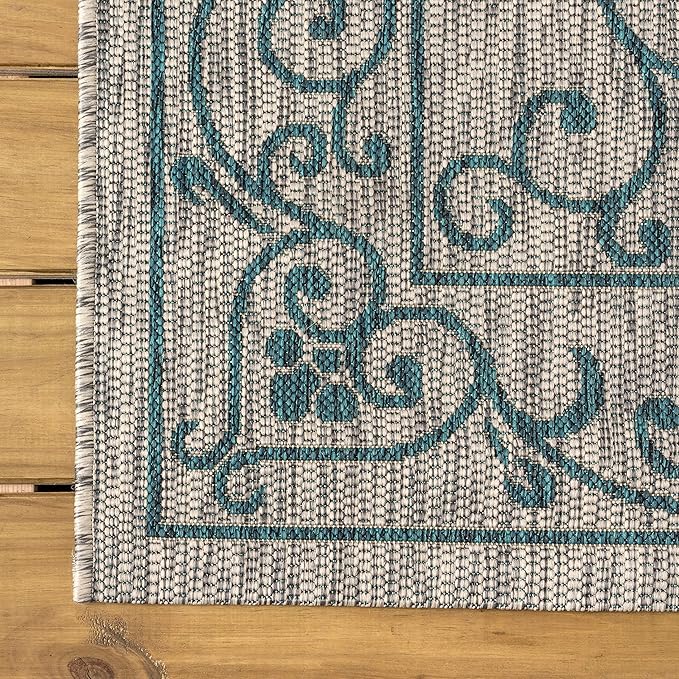 JONATHAN Y Vintage Filigree Indoor Outdoor Square Area Rug 8X8 Gray/Teal, Charleston Textured Weave for Backyard, Patio, Porch, Easy-Cleaning, High Traffic, Pet-Friendly, Non-Shedding (SMB106E-8SQ)