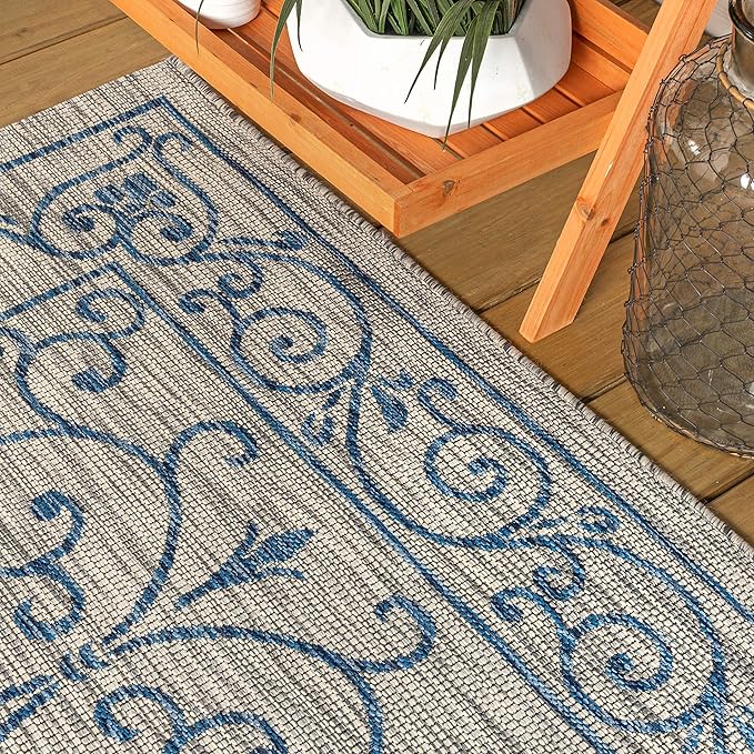 JONATHAN Y Vintage Filigree Indoor Outdoor Area Rug 10X14 Gray/Navy, Charleston Textured Weave for Backyard, Patio, Porch, Easy-Cleaning, High Traffic, Pet-Friendly, Non-Shedding (SMB106C-14)