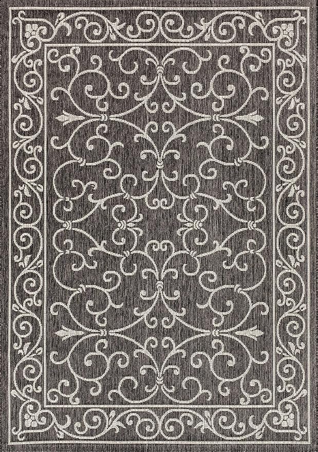 JONATHAN Y Vintage Filigree Indoor Outdoor Area Rug 5X8 Black/Gray, Charleston Textured Weave for Backyard, Patio, Porch, Easy-Cleaning, High Traffic, Pet-Friendly, Non-Shedding (SMB106G-5)